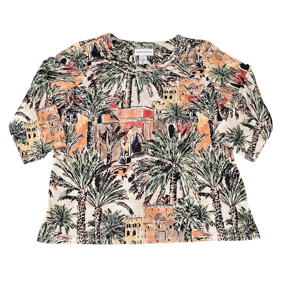 Alfred Dunner womens shirt sz S tropical print mid sleeve pull over palm trees